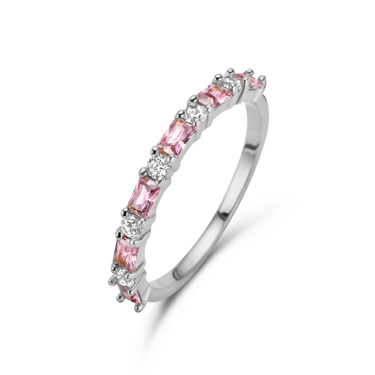 New Bling 9NB-1074-54 Zilveren Ring met Zirkonia - Maat 54 - 2 mm Breed - Baquette en Rond - Wit en Roze - Zilver