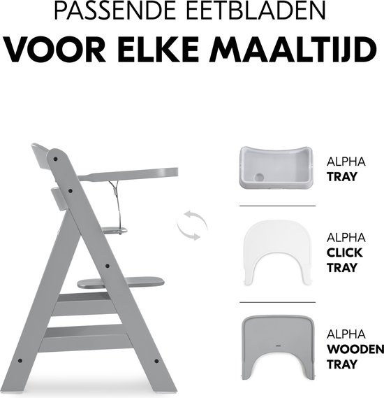 Grijze kinderstoel met drie verschillende eetbladen: Alpha Tray, Alpha Click Tray, Alpha Wooden Tray.
