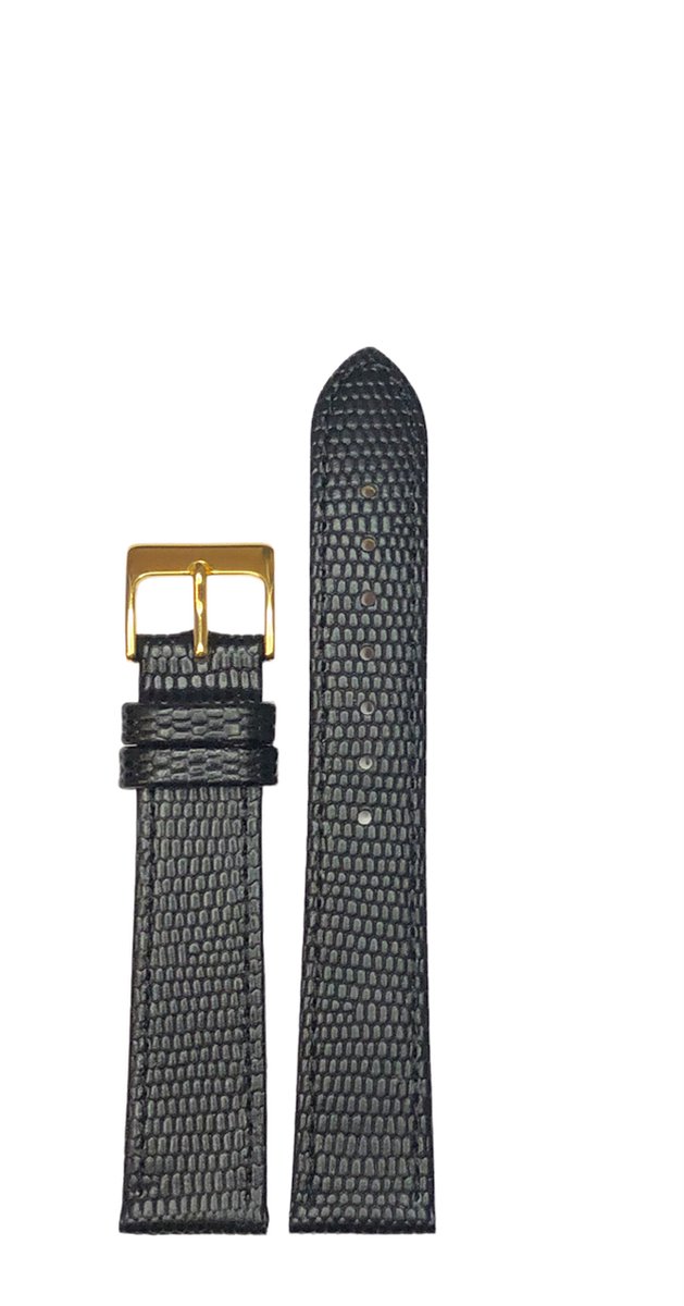 Horlogeband-horlogebandje-14mm-zwart -croco-lizard print-echt leer-plat-goudkleurige gesp-leer-14 mm