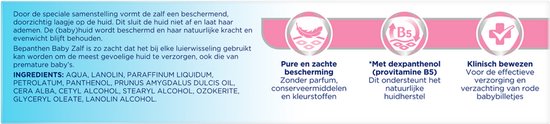 Ingrediëntenlijst en voordelen van de zalf: puur, parfum- en conserveermiddelvrij, met provitamine B5, klinisch bewezen.