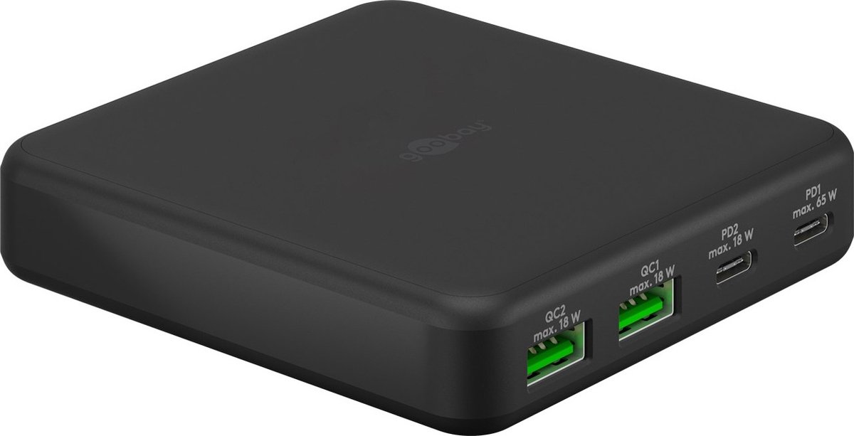 Goobay thuislader met 2 USB-C PD en 2 USB-A QC poorten - GaN - 65W / zwart