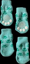Hondensokken / Kattensokken - Lichtblauw met Groene Poot - Antislip - 4 stuks - Maat S - 3x6cm - 1 paar - 4 sokken - Katoen -