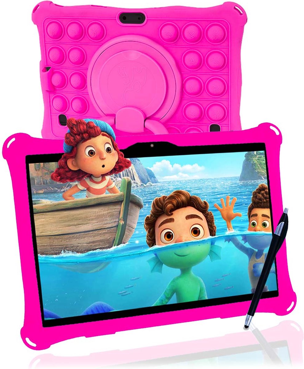 AngelTech Kindertablet XL PRO I – 100%Kidsproof– Extra Groot – Ook Voor Volwassen Gebruik – 10 inch - Ouderlijk toezicht – 360­° Verstelbare Fidgy beschermhoes - 32GB – Roze of Blauw