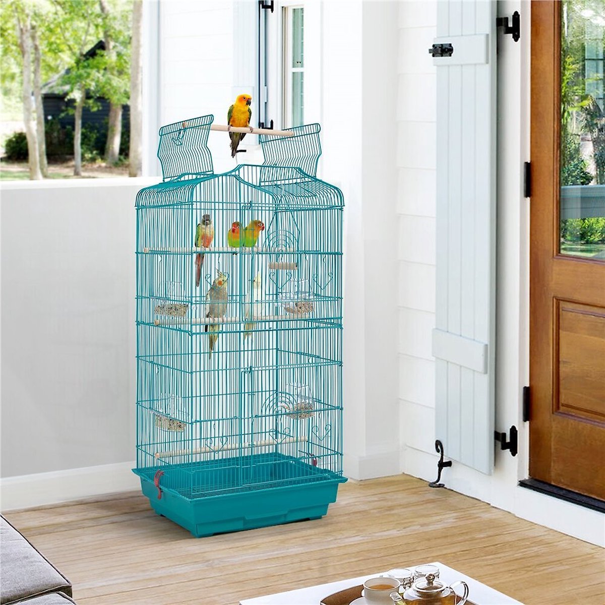 Bol.com Papa simba Vogelkooi ,volière ,vogelkooi met draagbaar handvat met 4 voerbakken ,3 zitstokken, 46 x 35 x 92 cm , blauw, ... aanbieding