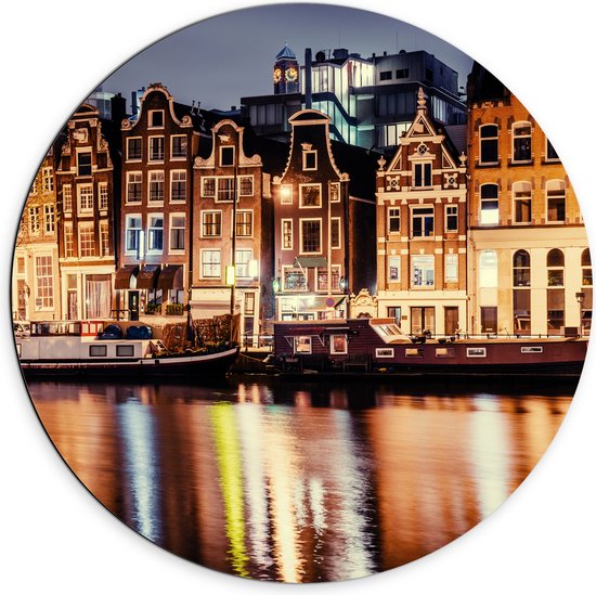 Dibond Muurcirkel - De Grachten van Amsterdam in de Avond in Nederland - 70x70 cm Foto op Aluminium Muurcirkel (met ophangsysteem)