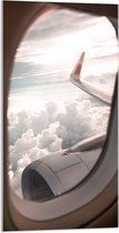 WallClassics - Acrylglas - Uitzicht vanuit Vliegtuigraam op Vliegtuigvleugel bij Wolkenveld - 50x100 cm Foto op Acrylglas (Met Ophangsysteem)