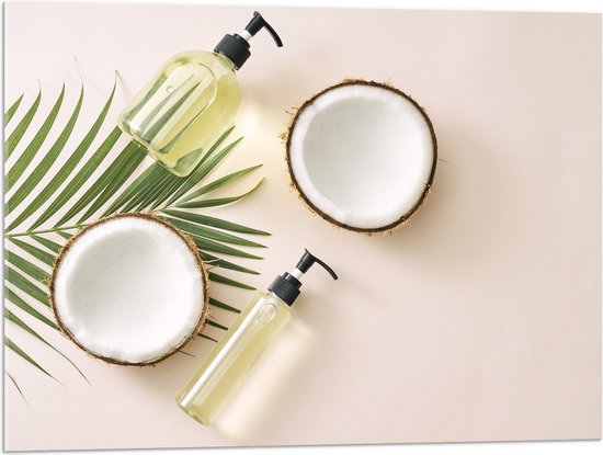 Acrylglas - Cosmetica Flesjes met Palmblad en Kokosnoten - 80x60 cm Foto op Acrylglas (Wanddecoratie op Acrylaat)