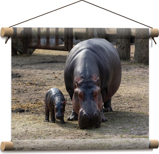 WallClassics - Textielposter - Nijlpaard met Kleintje - 40x30 cm Foto op Textiel
