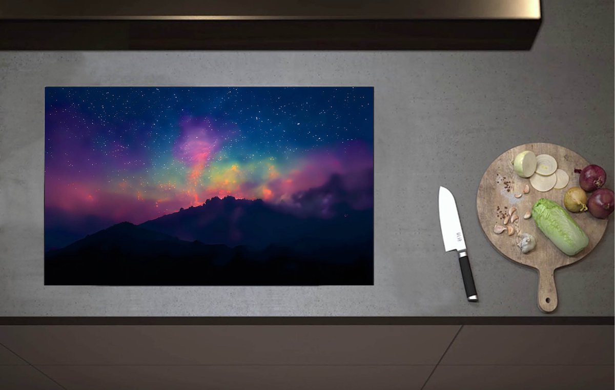 Inductieplaat Beschermer - Gekleurde Sterrenhemel boven Berg - 80x52 cm - 2 mm Dik - Inductie Beschermer van Vinyl
