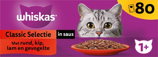 Whiskas 1+ Natvoer - Classic - Selectie in saus - maaltijdzakjes 80 x 85 g
