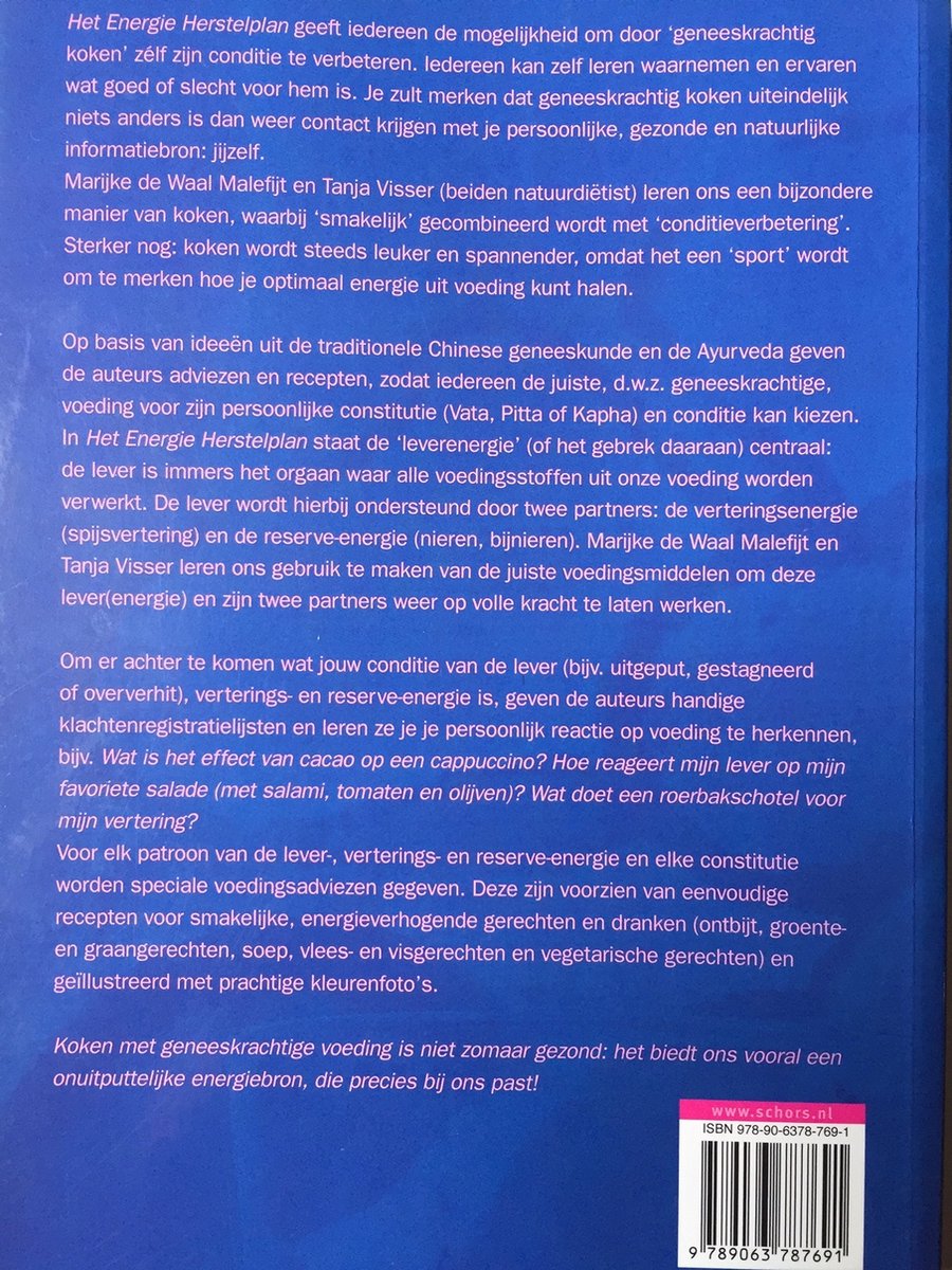 Boek "Het Energie Herstelplan" met recepten voor gezonde voeding en een energiherstelplan.