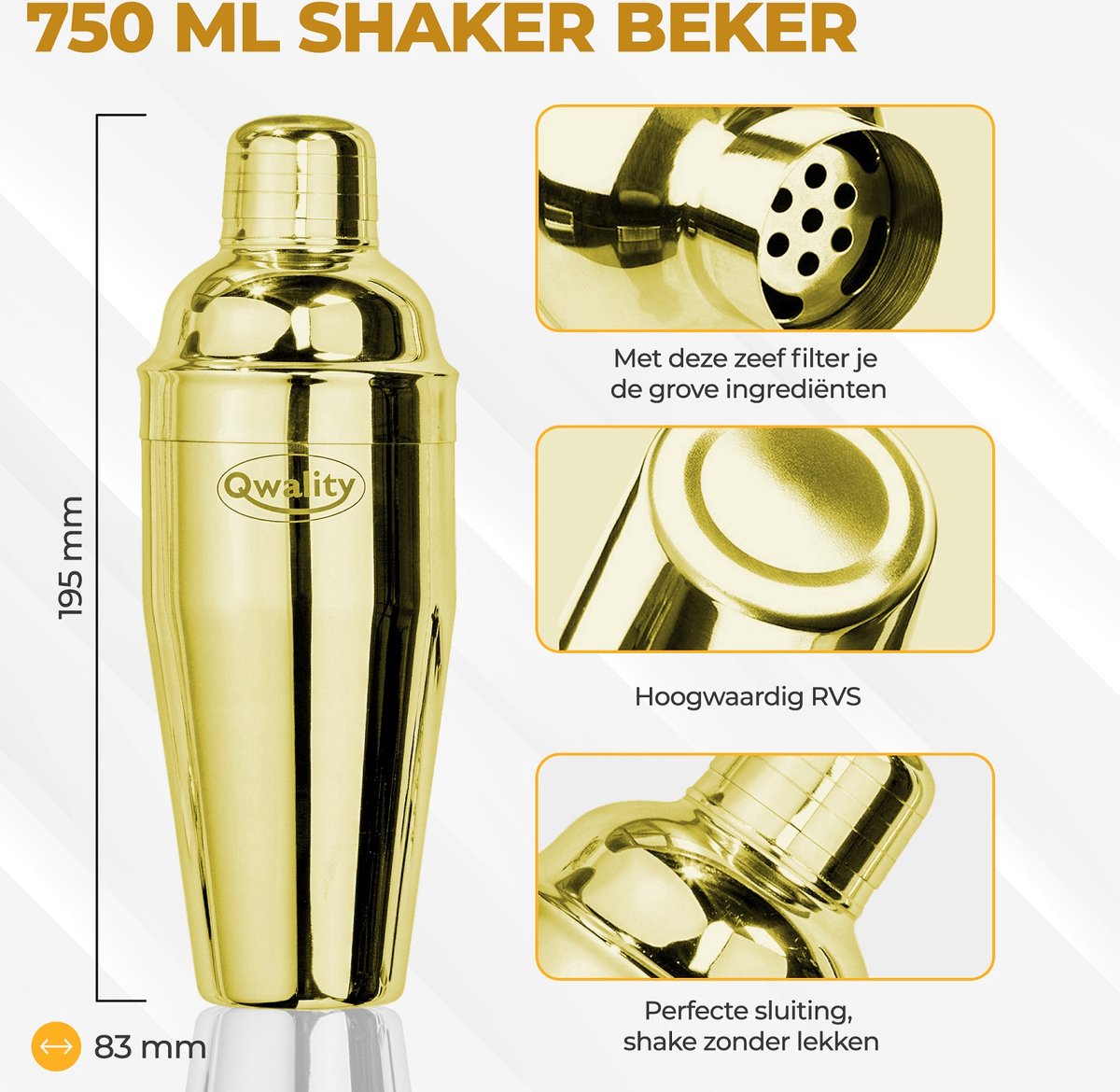 Cocktail Shaker Set (750 ml) - Cocktail Set - Luxe Cadeau voor hem of haar - Cocktailset - Goudkleurig - Qwality® — cadeau in Kookcadeaus - foto 2