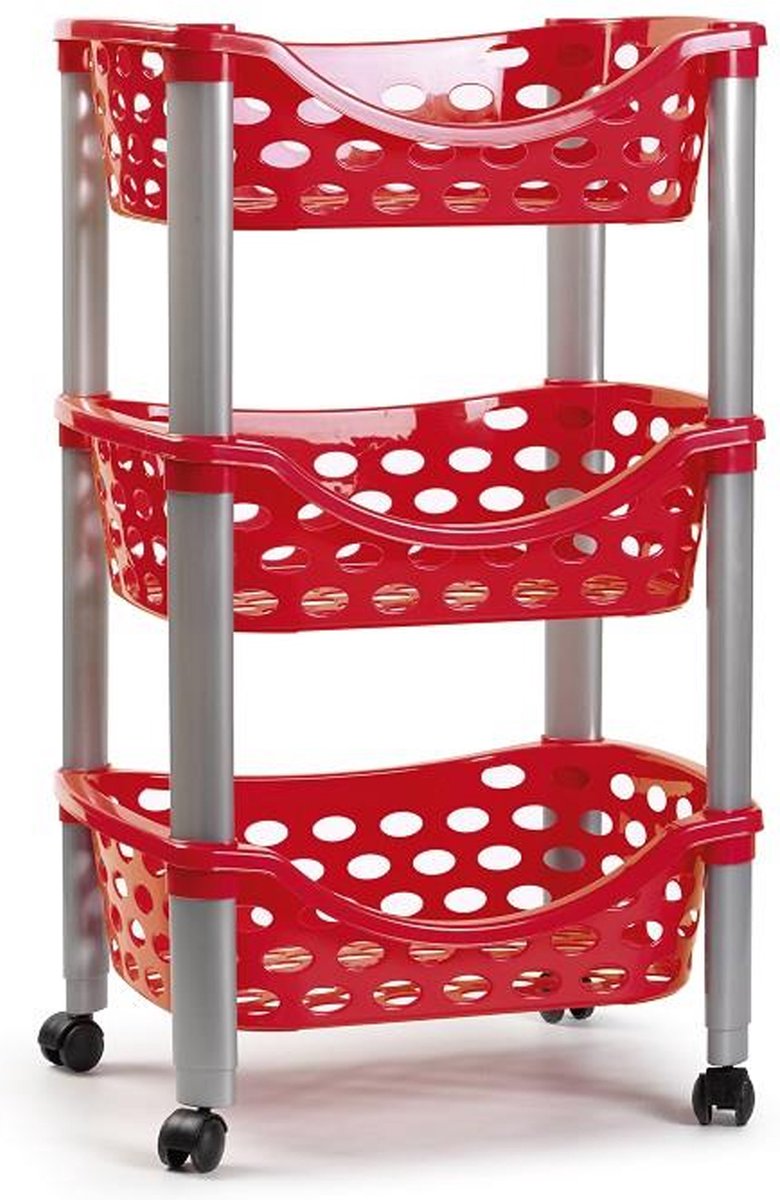 PlasticForte Keukentrolley/roltafel - 3-laags - kunststof - rood - 40 x 65 cm