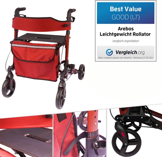 Foto: Arebos rollator lichtgewicht en opvouwbaar rollators rollator voor binnen en buiten rood