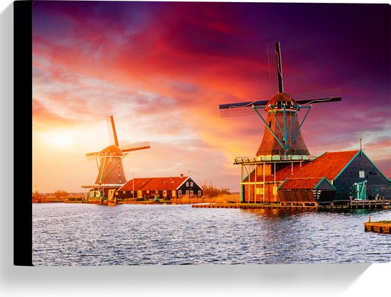Canvas - Nederlandse Windmolens aan het Water onder Paars met Oranje Lucht - 40x30 cm Foto op Canvas Schilderij (Wanddecoratie op Canvas)