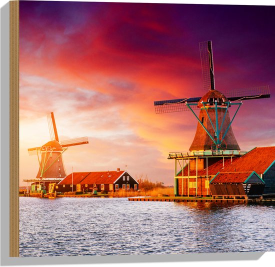 Hout - Nederlandse Windmolens aan het Water onder Paars met Oranje Lucht - 50x50 cm - 9 mm dik - Foto op Hout (Met Ophangsysteem)