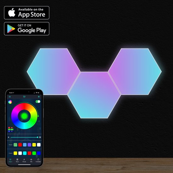 HappyLEDS® Hexagon LED Lights App - Wandlamp Binnen – RGB LED Verlichting - Gaming Accesoires – Hexagon LED Panelen - 3 Stuks