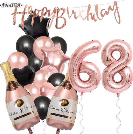 68 Jaar Verjaardag Cijferballon 68 - Feestpakket Snoes Ballonnen Pop The Bottles - Rose Zwart Versiering