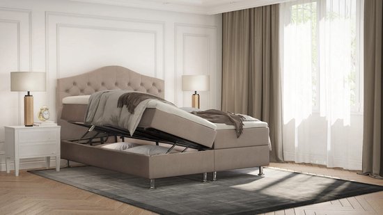 Boxspring Mars Velvet Beige 160x200cm - compleet bed met opbergruimte - zetels en bedden