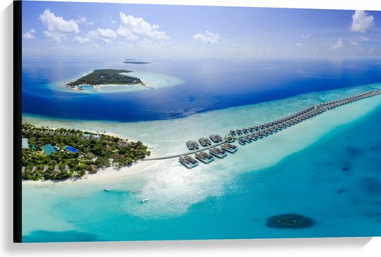 Canvas - Tropisch Resort op Felblauwe Oceaan op de Maledieven - 90x60 cm Foto op Canvas Schilderij (Wanddecoratie op Canvas)