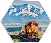 WallClassics - PVC Schuimplaat Hexagon - Oranje Trein in IJslandschap op Spoor - 40x34.8 cm Foto op Hexagon (Met Ophangsysteem)