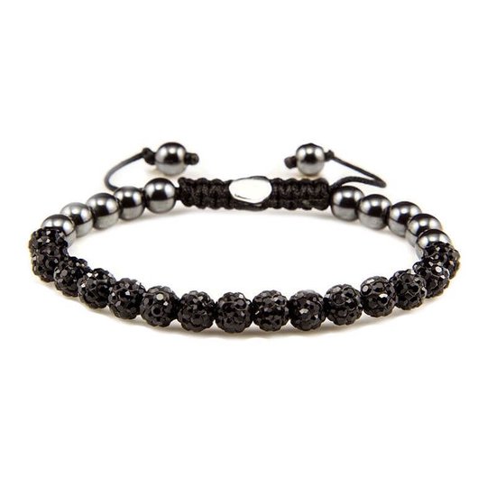 Armband met zwarte kristallen kraaltjes en magnetische steentjes, met verstelbaar koord.