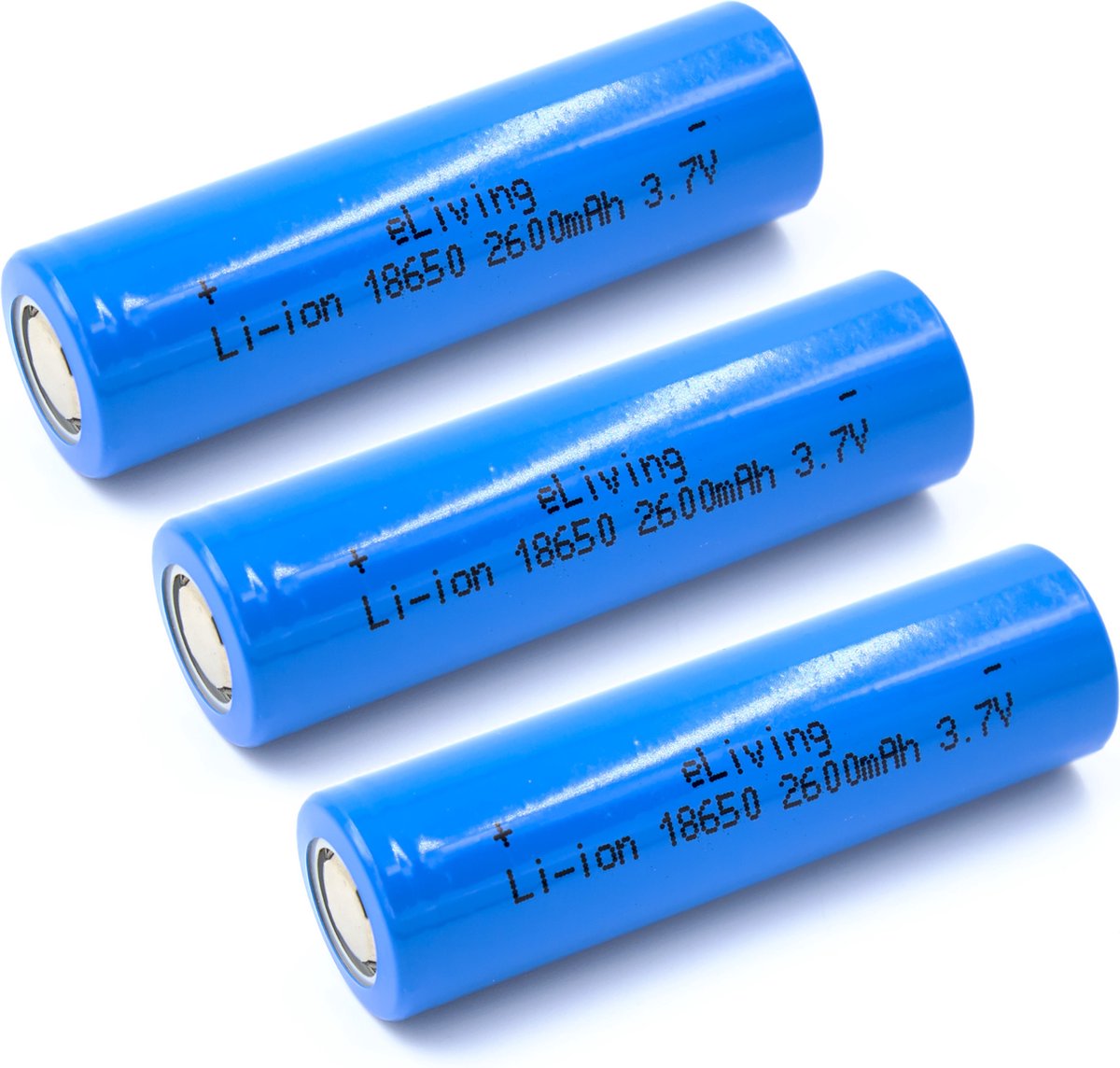 eLiving 18650 3.7V Flat Top batterijen. 2600mA, Li-ion. 65x18mm. 3 stuks.
