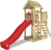 WICKEY speeltoestel klimtoestel JoyFlyer met houten dak & rode glijbaan, outdoor kinderspeeltoestel met zandbak, ladder & speelaccessoires voor de tuin
