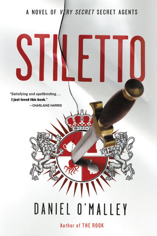 Boek 'Stiletto' van Daniel O'Malley met een dolk die door een wapenschild steekt. Auteur van 'The Rook'.