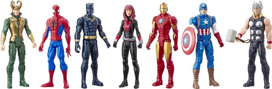 Marvel speelfiguren: Loki, Spider-Man, Black Panther, Black Widow, Iron Man, Captain America en Thor.