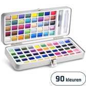 Aquarelverf Set – 90 kleuren waarvan 36 metallic tinten – met waterbrush penseel - in metalen blik