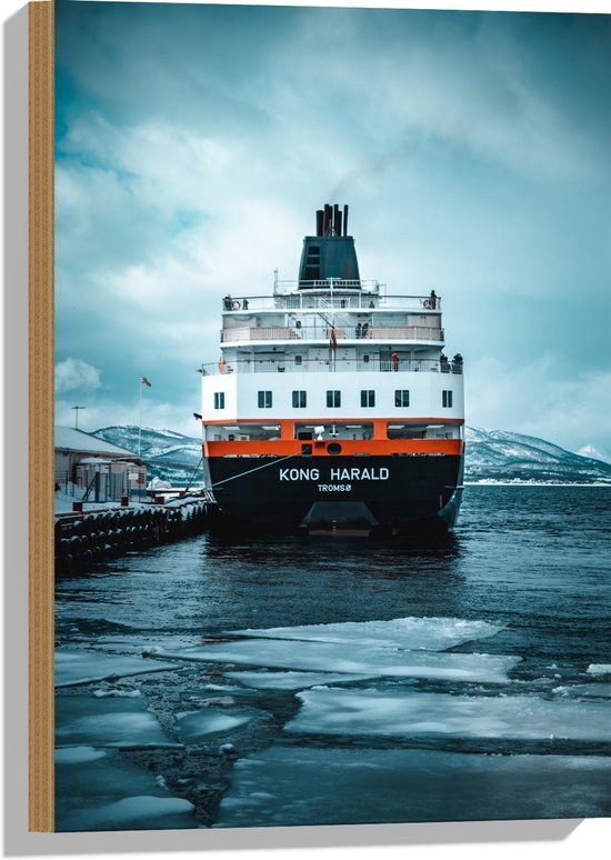 WallClassics - Hout - Aangemeerd Zwart met Wit en Oranje Schip - 40x60 cm - 9 mm dik - Foto op Hout (Met Ophangsysteem)