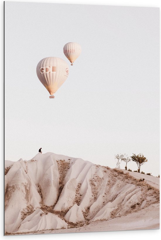 WallClassics - Dibond - Beige en Bruine Luchtballonnen boven Rotslandschap - 80x120 cm Foto op Aluminium (Met Ophangsysteem)