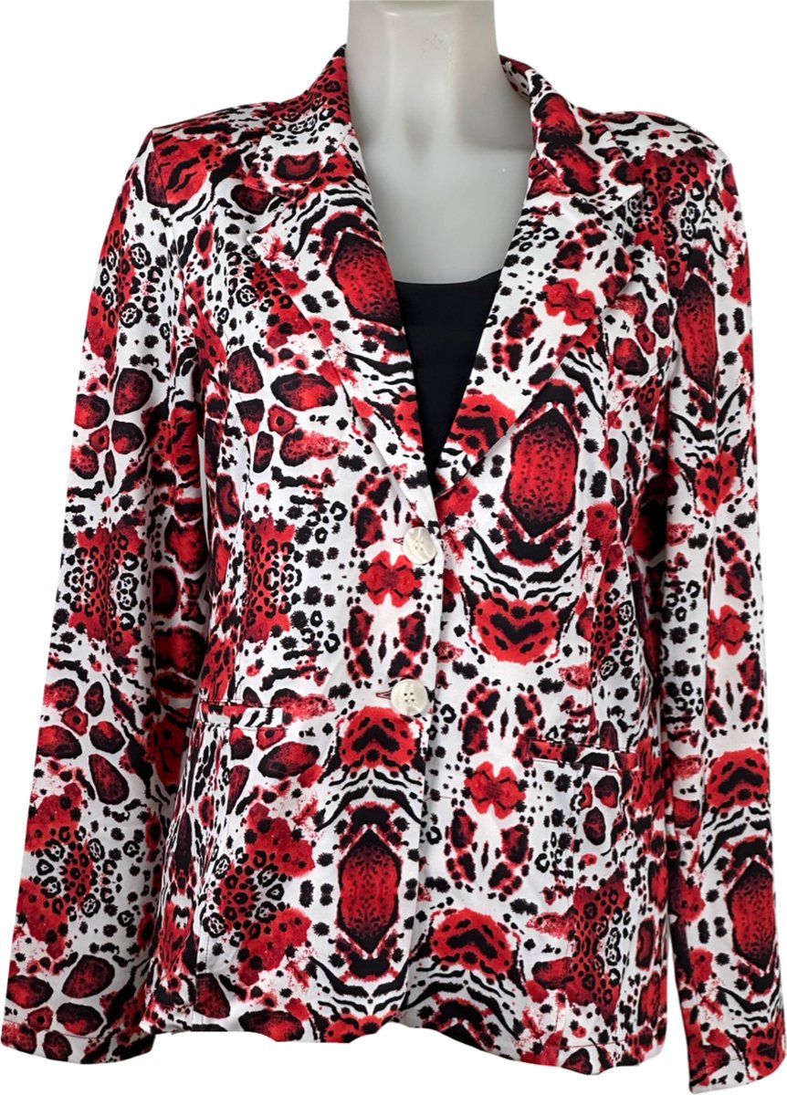 Angelle Milan - Rood-wit print blazer voor Dames - Travelstof - Comfort - Strijkvrij - Duurzaam - Maat L - In 5 maten!