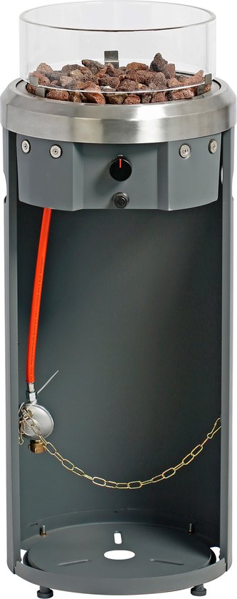 Grijze terrasverwarmer met vlammen, glas, lavastenen en gasslang.