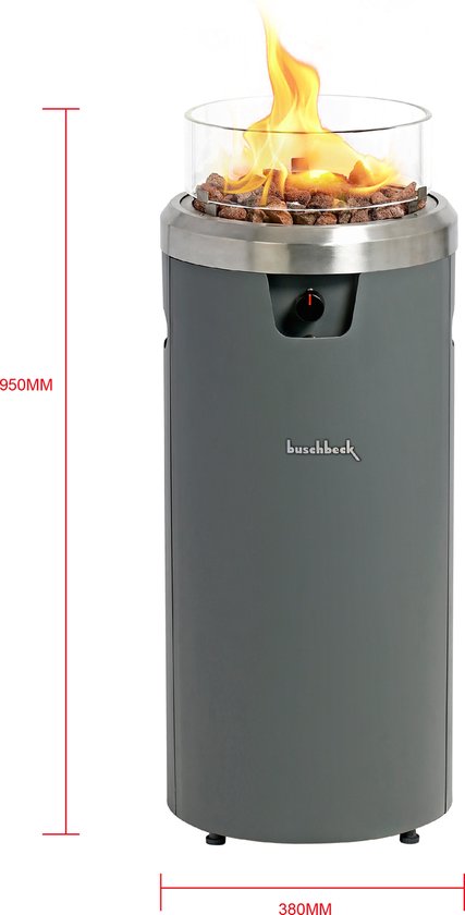 Grijze terrasverwarmer met vlammen, glas en lavastenen. Afmetingen 950mm x 380mm.