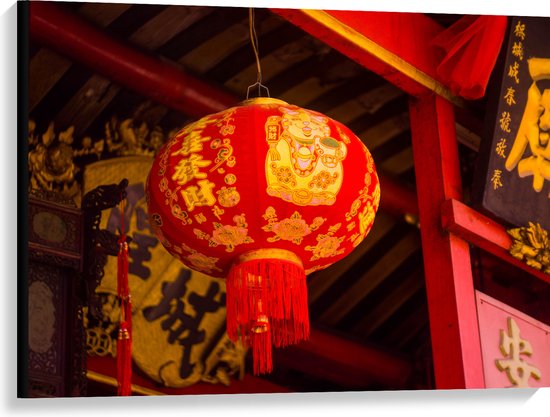 Canvas - Rood/Gele Chinese Lampion hangend - 100x75 cm Foto op Canvas Schilderij (Wanddecoratie op Canvas)
