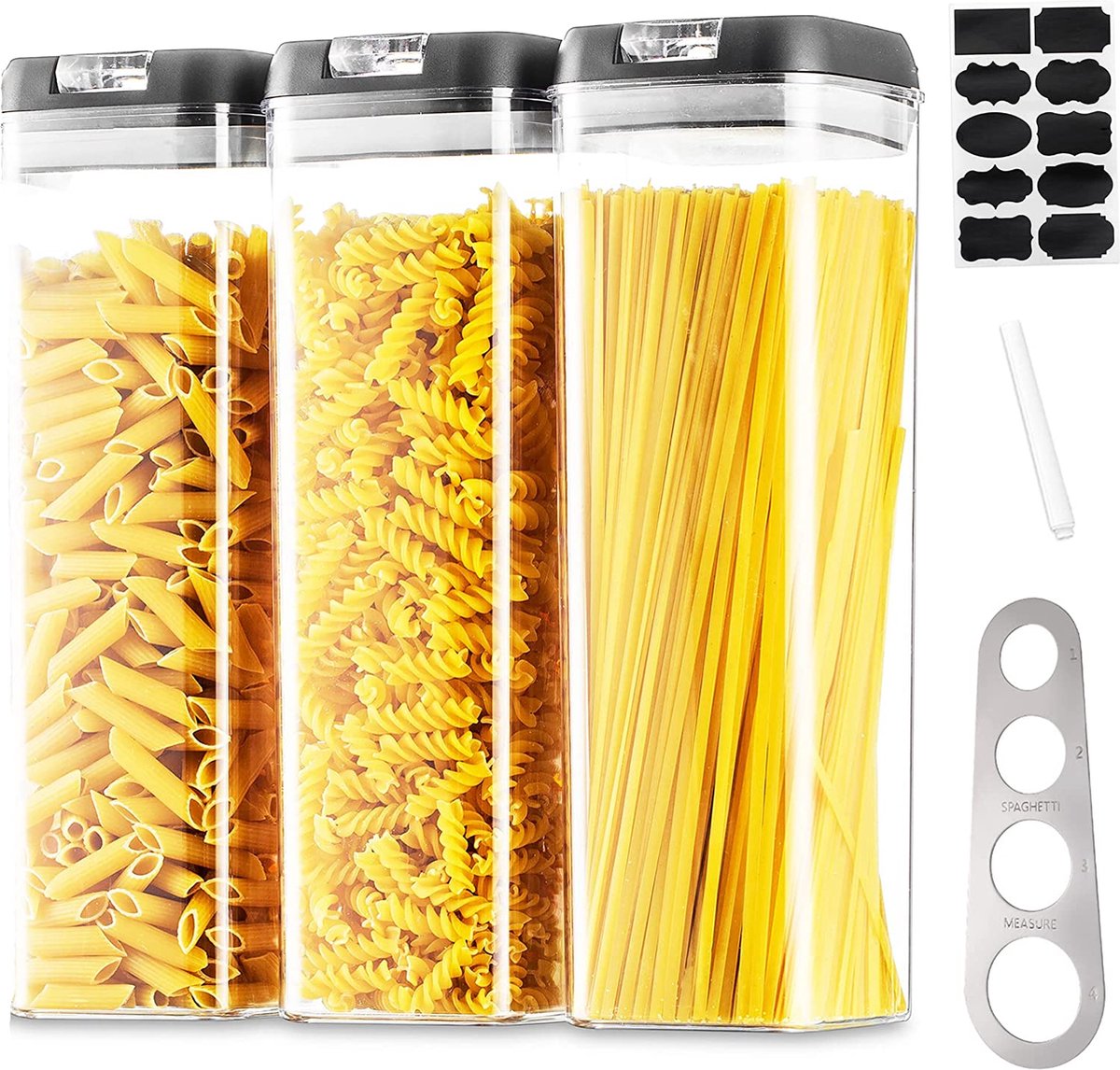 Voorraaddozen opbergdoos keuken voorraaddozen opslag: 3 stuks luchtdichte pasta bakjes set met zwart eenvoudig deksel stapelbaar voedsel bewaren voor spaghetti muesli cornflakes