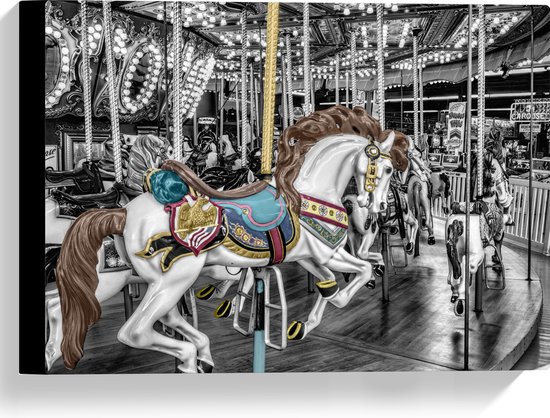 Canvas - Sierlijk Paard in Carrousel - 40x30 cm Foto op Canvas Schilderij (Wanddecoratie op Canvas)