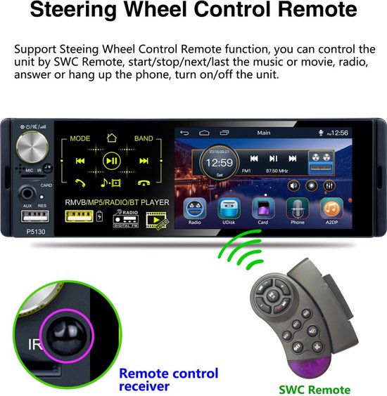 TechU ™ T40 Autoradio 1 Din 4.1inch + Télécommande et commande au volant -  Bluetooth - USB - AUX - SD - Radio FM - Appel mains libres - Autoradio avec