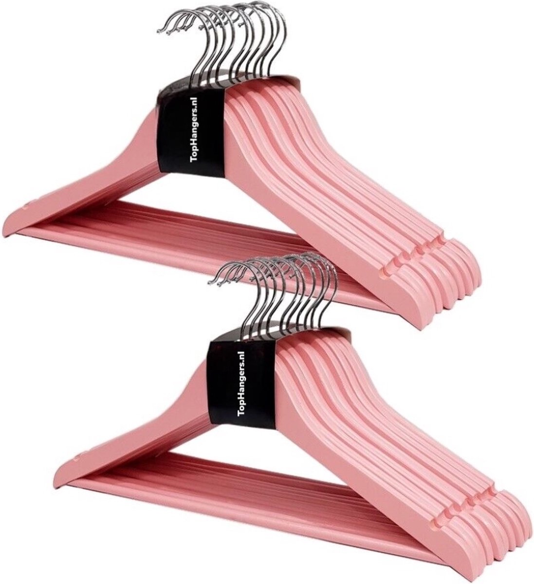 TopHangers [Set van 20] - Massief houten pink / roze gelakte kledinghangers / combihangers met handige broeklat en rokinkepingen perfect voor alle soorten kleding