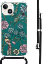 Hoesje met koord geschikt voor iPhone 14 - Vogels Japanse bloemen - Inclusief zwart koord - Crossbody beschermhoes - Transparant, Groen - Mooie Telefoonhoesjes
