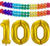 Folie ballonnen - Leeftijd cijfer 100 - goud - 86 cm - en 2x slingers