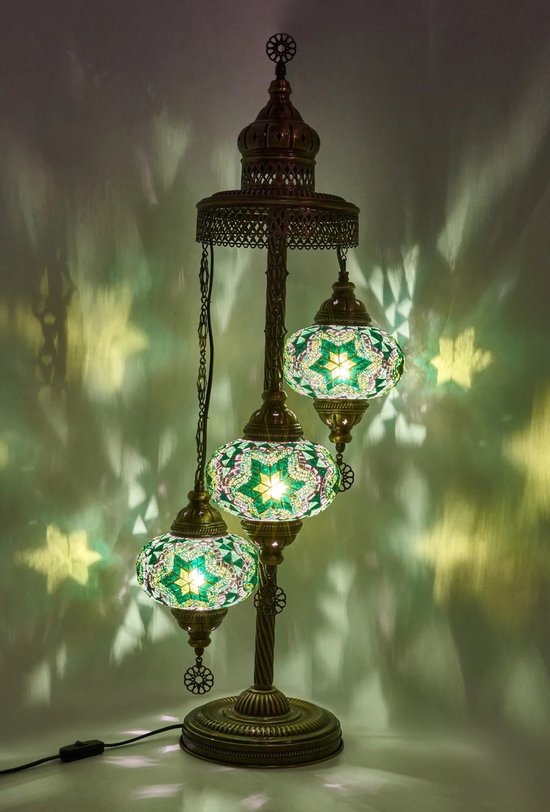 Turkse Lamp - Vloerlamp - Mozaïek Lamp - Marokkaanse Lamp - Oosters Lamp - ZENIQUE - Authentiek - Handgemaakt - Groen - 3 bollen