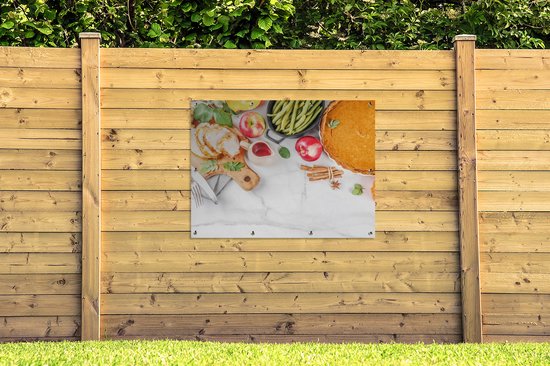 Tuinposter 120x90 cm - Tuindecoratie Groente - Fruit - Vlees - Kruiden - Poster voor in de tuin - Buiten decoratie - Schutting tuinschilderij - Tuindoek muurdecoratie - Wanddecoratie balkondoek