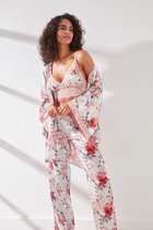 AMARANTA- Cadeau-Satin 3 Piece Nightgown Set- 3 stuk Satijnen Pyjama set-Roze/Ecru kleur-maat S, Moederdag Cadeau