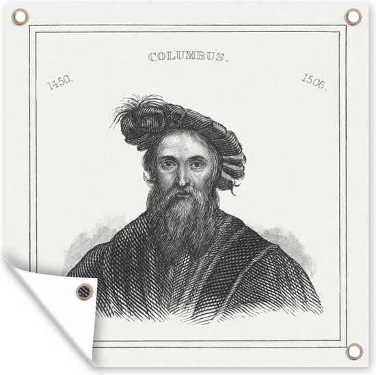 Tuin poster Illustratie van een portret van Christoffel Columbus - 200x200 cm - Tuindoek - Buitenposter