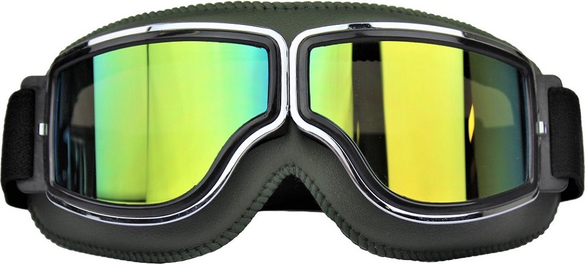 CRG Cruiser Motorbril - Donkergroen Leren Motorbril - Retro Motorbril Heren - Goud Reflectie Glas