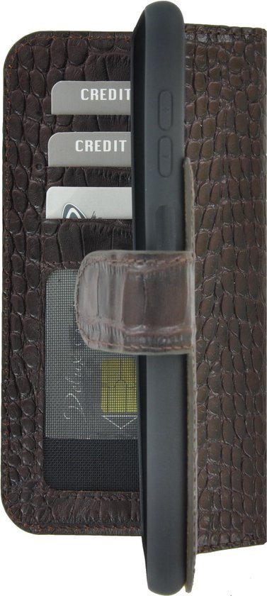 Oppo A17 Case - Bookcase - Oppo A17k Case Book Case Portefeuille Cuir Véritable Croco Chocolat Marron Couverture