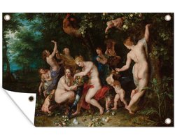 Tuinposter 180x120 cm - Tuindecoratie Nimfen vullen de hoorn des overvloeds - Schilderij van Peter Paul Rubens - Poster voor in de tuin - Buiten decoratie - Schutting tuinschilderij - Tuindoek muurdecoratie - Wanddecoratie balkondoek